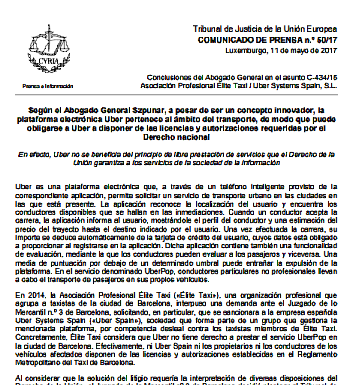 Conclusiones del Abogado General en el asunto C-434/15 Asociación Profesional Élite Taxi / Uber Systems Spain, S.L. (Comunicado de prensa)