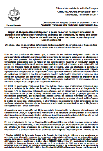 Conclusiones del Abogado General en el asunto C-434/15 Asociación Profesional Élite Taxi / Uber Systems Spain, S.L. (Comunicado de prensa)