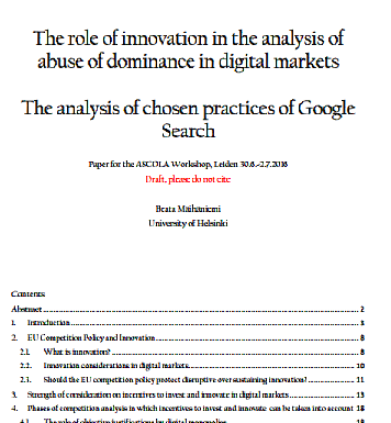 El papel de la innovación en el análisis del abuso de posición dominante en los mercados digitales; El análisis de las prácticas elegidas de Búsqueda de Google (borrador)