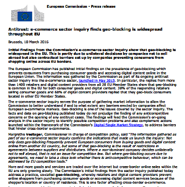 Antimonopolio: la investigación del sector del comercio electrónico descubre que el bloqueo geográfico está muy extendido en toda la Union Europea (comunicado de prensa)