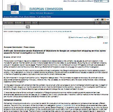 Antimonopolio: La Comisión envía un pliego de cargos a Google en el servicio de comparación de compras; abre una investigación formal por separado en Android (Comunicado de prensa)