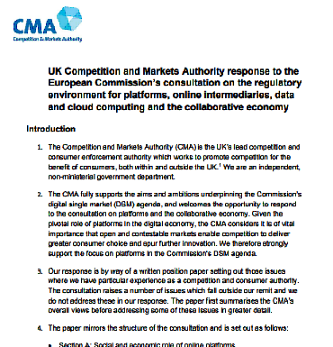 Respuesta de la Autoridad Británica de Competencia y Mercados a la Consulta de la Comisión Europea sobre el entorno para plataformas, intermediarios en línea, datos y la computación en la nube y la economía colaborativa