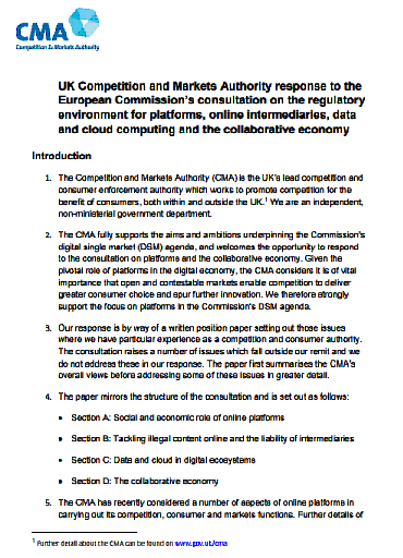 Respuesta de la Autoridad Británica de Competencia y Mercados a la Consulta de la Comisión Europea sobre el entorno para plataformas, intermediarios en línea, datos y la computación en la nube y la economía colaborativa
