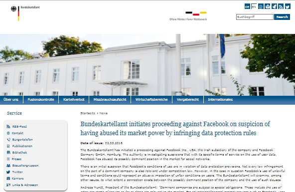 Bundeskartellamt inicia un proceso contra Facebook por sospecha de haber abusado de su poder de mercado al infringir las normas de protección de datos (comunicado de prensa)