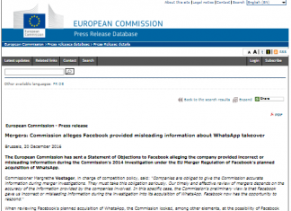 Fusiones: la Comisión alega que Facebook proporcionó información engañosa sobre la adquisición de WhatsApp (comunicado de prensa)