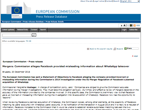 Fusiones: la Comisión alega que Facebook proporcionó información engañosa sobre la adquisición de WhatsApp (comunicado de prensa)