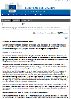 Antitrust: La Comisión impone a Google una multa de 2,42 mil millones de euros por abuso de posición dominante como motor de búsqueda por dar una ventaja ilegal a su propio servicio de compras comparativas