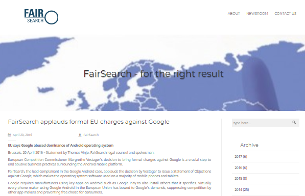 FairSearch aplaude los cargos formales de la Unión Europea contra Google