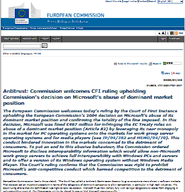 Antimonopolio: La Comisión celebra la decisión del CFI confirmando la decisión de la Comisión sobre el abuso de Microsoft de la posición dominante en el mercado (Comunicado de prensa)