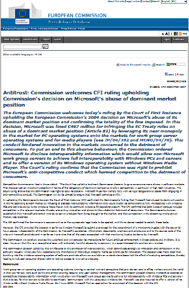 Antimonopolio: La Comisión celebra la decisión del CFI confirmando la decisión de la Comisión sobre el abuso de Microsoft de la posición dominante en el mercado (Comunicado de prensa)