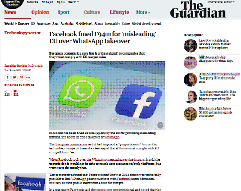 Facebook multó 94 millones de libras por una Union Europea ‘engañosa’ por sobre la de WhatsApp