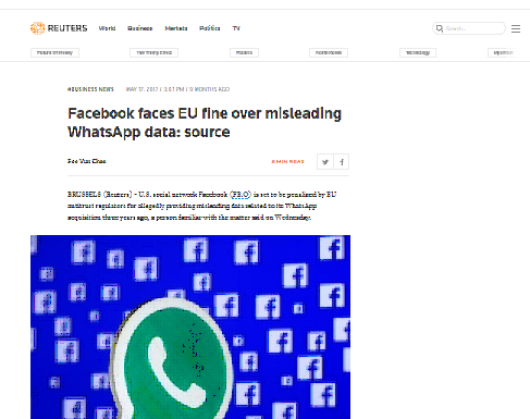 Facebook se enfrenta a multa de la Union Europea por los datos engañosos de WhatsApp: fuente