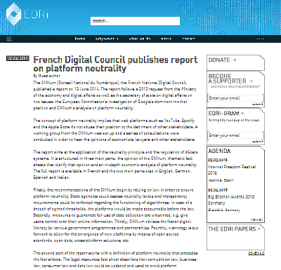 El Consejo Digital francés publica un informe sobre la neutralidad de la plataforma