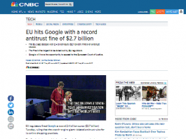 La Unión Europea golpea a Google con una multa antimonopolio récord de $ 2,7 mil millones