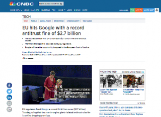 La Unión Europea golpea a Google con una multa antimonopolio récord de $ 2,7 mil millones