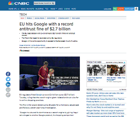 La Unión Europea golpea a Google con una multa antimonopolio récord de $ 2,7 mil millones