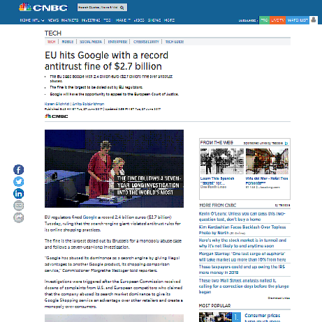 La Unión Europea golpea a Google con una multa antimonopolio récord de $ 2,7 mil millones