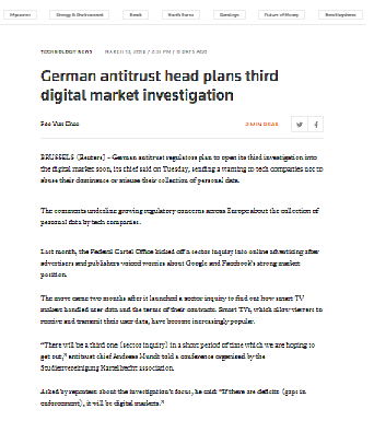 El jefe antimonopolio alemán planea una tercera investigación de mercado digital