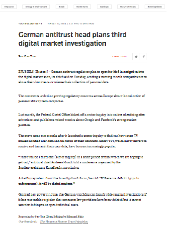 El jefe antimonopolio alemán planea una tercera investigación de mercado digital