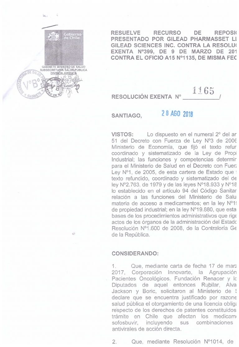 Ministro de Salud Emilio Santelices  rechaza recurso de Farmacéutica  Gilead y autoriza uso licencia obligatoria para medicamentos para  Hepatitis C