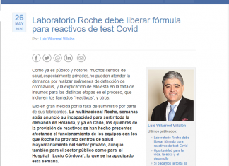 Laboratorio Roche debe liberar fórmula para reactivos de test Covid