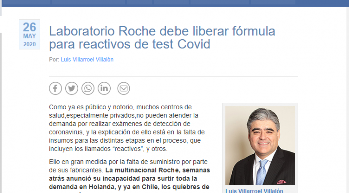 Laboratorio Roche debe liberar fórmula para reactivos de test Covid