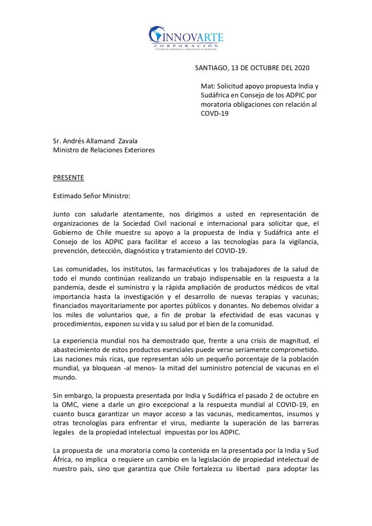 CARTA SOCIEDAD CIVIL APOYO A LA PROPUESTA DE MORATORIA ADPIC PARA MEDICAMENTOS COVID