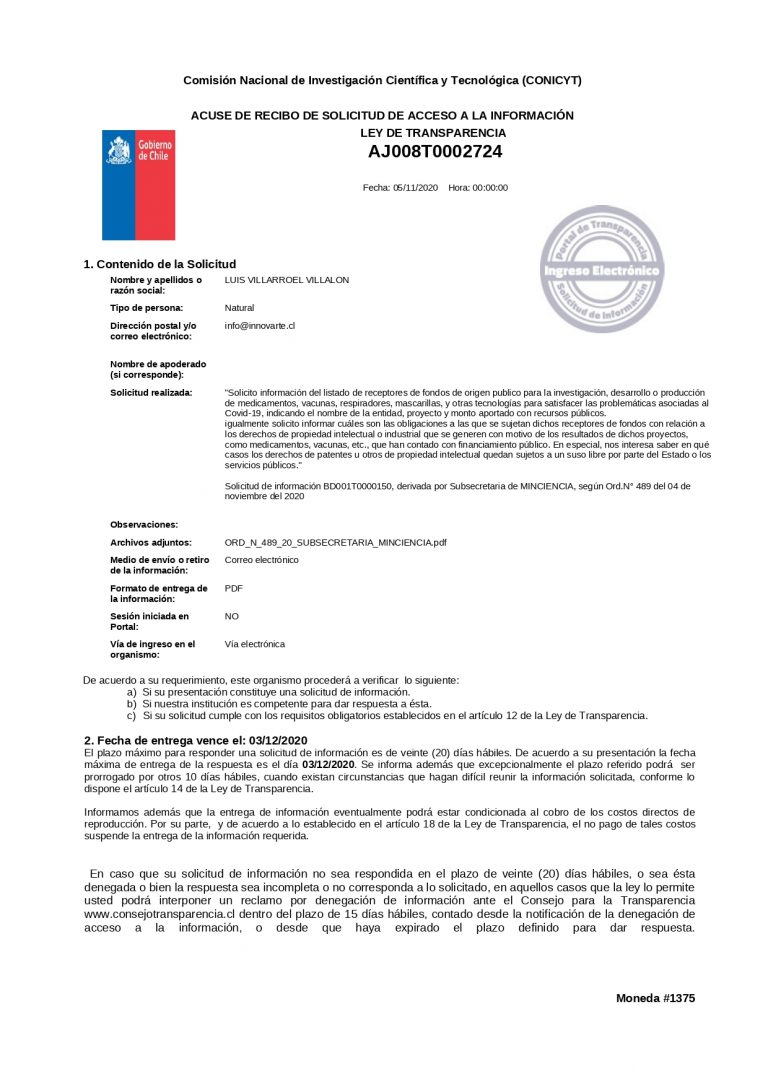 INNOVARTE solicita información a la Comisión Nacional de Investigación Científica y Tecnológica (CONICYT)