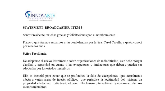 INNOVARTE propone incorporar excepciones y limitaciones para proteger el interés público en futuro tratado de radiodifusores y transmisiones en línea