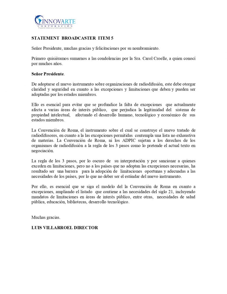 INNOVARTE propone incorporar excepciones y limitaciones para proteger el interés público en futuro tratado de radiodifusores y transmisiones en línea