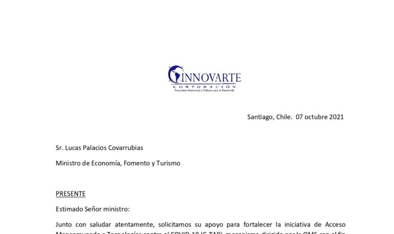 Innovarte envía carta abierta a Ministros de Salud y Economía de Chile, Perú, Ecuador y Uruguay solicitando la generación de incentivos para compartir tecnologías en C-TAP de la OMS