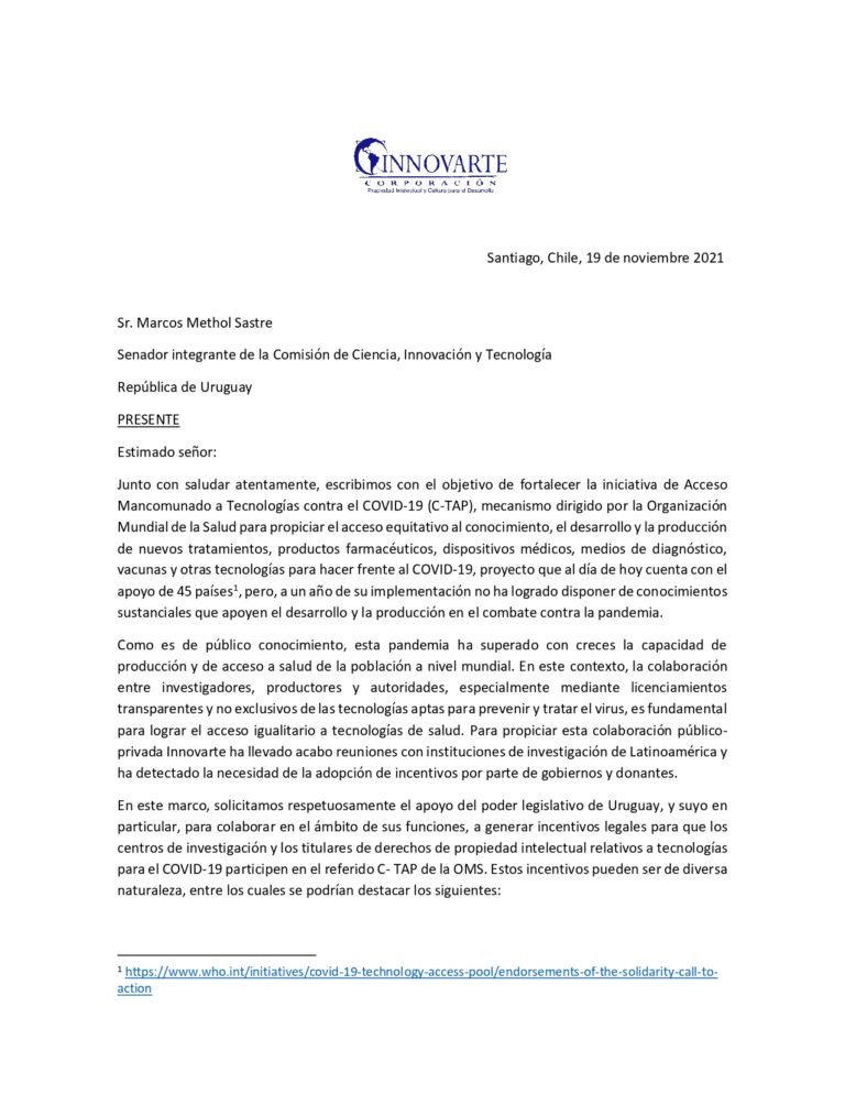 Innovarte envía carta a congresistas de Chile, Perú, Ecuador y Uruguay con recomendaciones para generar incentivos que permitan compartir tecnologías en C-TAP de la OMS