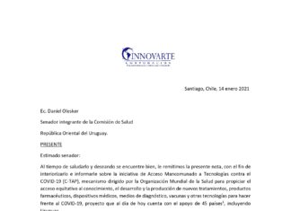 Innovarte envía carta a congresistas de Uruguay con recomendaciones para generar incentivos que permitan compartir tecnologías en C-TAP de la OMS y promover su implementación
