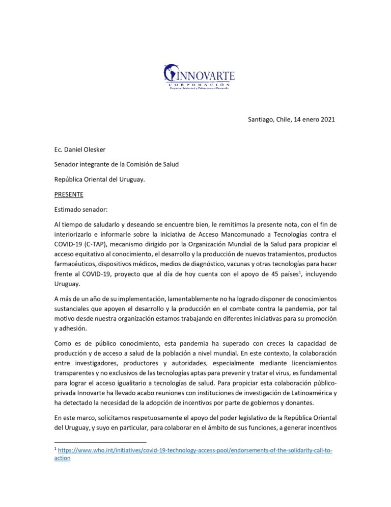 Innovarte envía carta a congresistas de Uruguay con recomendaciones para generar incentivos que permitan compartir tecnologías en C-TAP de la OMS y promover su implementación