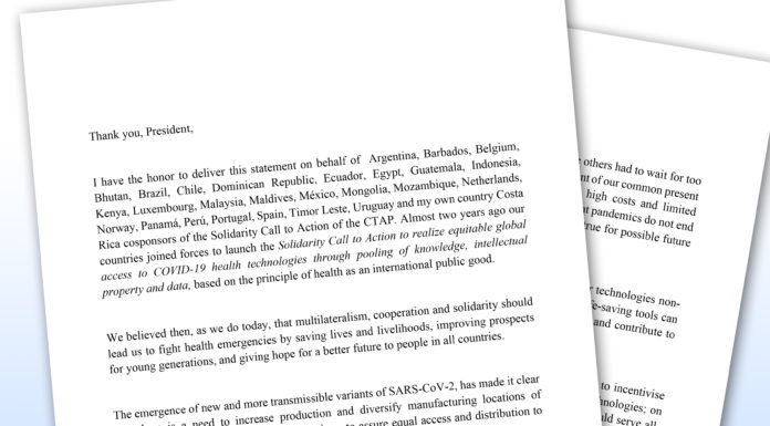 En la 75ª sesión de la Asamblea Mundial de la Salud de la OMS, países solicitan incluir los principios del llamado a la Acción Solidaria del C-TAP en las discusiones sobre el tema: “16.2 – Reforzar la preparación y la respuesta de la OMS a las emergencias sanitarias”.