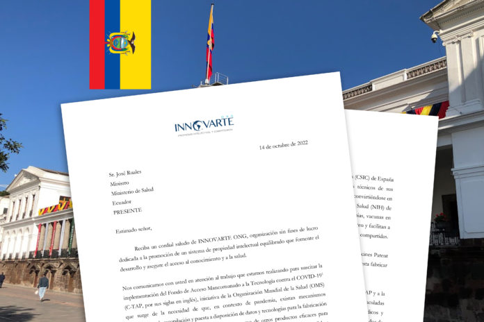 INNOVARTE ONG envia carta a Ministro de Salud de Ecuador para promover la implementación del Fondo de Acceso Mancomunado a la Tecnología contra COVID-19 C-Tap INNOVARTE ONG envia carta a Ministro de Salud de Ecuador para promover la implementación del Fondo de Acceso Mancomunado a la Tecnología contra COVID-19 C-Tap
