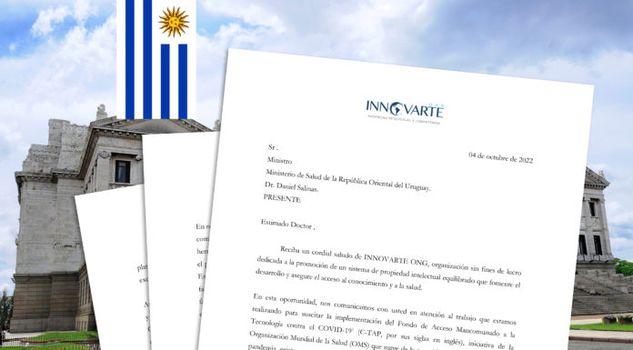 INNOVARTE ONG envía carta a Ministro de Salud de Uruguay para promover la implementación del Fondo de Acceso Mancomunado a la Tecnología contra COVID-19 C-Tap INNOVARTE ONG envía carta a Ministro de Salud de Uruguay para promover la implementación del Fondo de Acceso Mancomunado a la Tecnología contra COVID-19 C-Tap