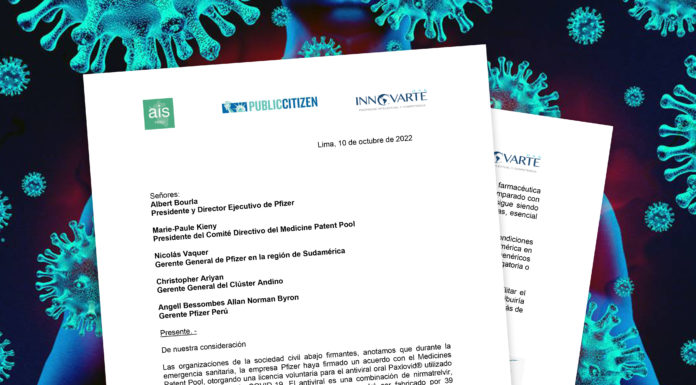 INNOVARTE ONG y AIS Perú piden a Pfizer incluir a países de Latinoamérica en acuerdo firmado con el Medicines Patent Pool. INNOVARTE ONG y AIS Perú piden a Pfizer incluir a países de Latinoamérica en acuerdo firmado con el Medicines Patent Pool.